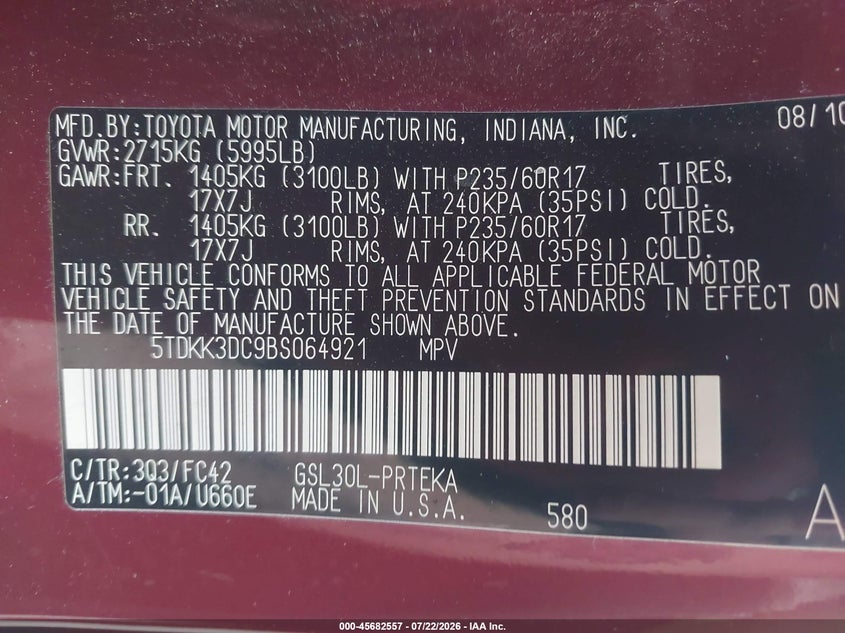 2011 Toyota Sienna VIN 5TDKK3DC9BS064921 IAAI salvage auction — REAR END, Clear (Alabama), sold $725 on 2026-07-29 (photo 9)