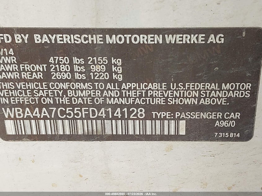 2015 BMW 4er VIN WBA4A7C55FD414128 IAAI salvage auction — FRONT & REAR, Wait Title, sold $1,750 on 2026-08-12 (photo 9)