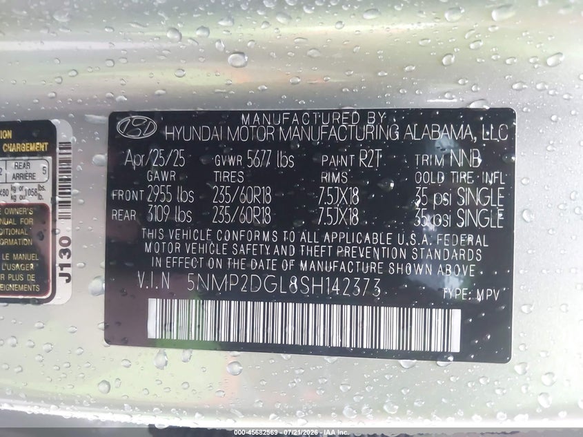 2025 Hyundai Santa fe VIN 5NMP2DGL8SH142373 IAAI salvage auction — FRONT END, Wait Title, sold $8,700 on 2026-08-23 (photo 9)