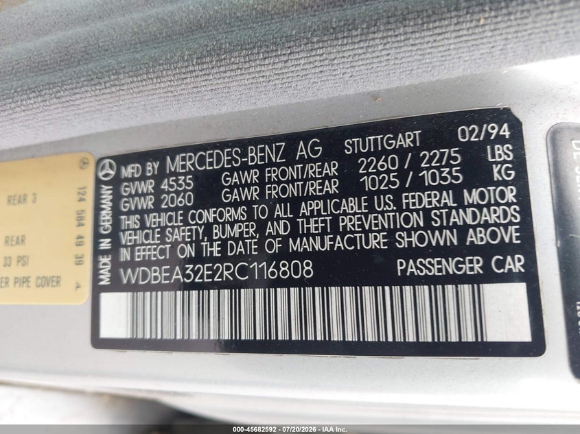 1994 Mercedes-benz E-class VIN WDBEA32E2RC116808 IAAI salvage auction — NORMAL WEAR, Clear - Dealer Only (California), sold $275 on 2026-07-29 (photo 9)