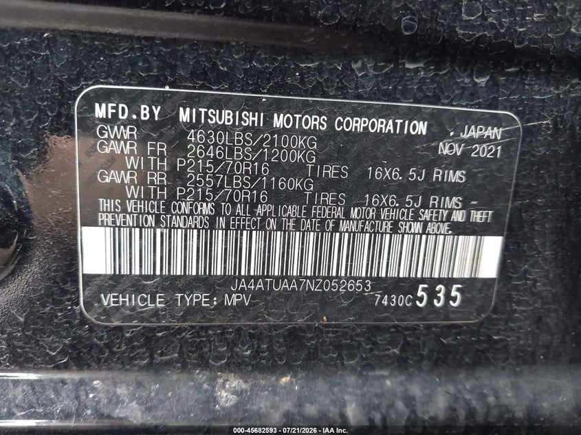 2022 Mitsubishi Eclipse cross VIN JA4ATUAA7NZ052653 IAAI salvage auction — FRONT END, Salvage Title, sold $4,300 on 2026-09-03 (photo 9)