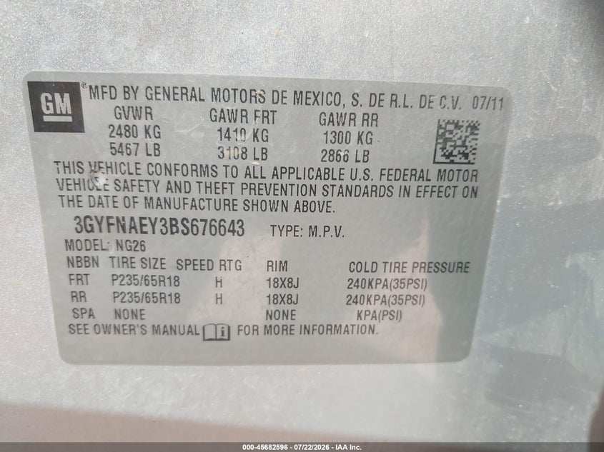 2011 Cadillac Srx VIN 3GYFNAEY3BS676643 IAAI salvage auction — FRONT END, Original (Texas), sold $400 on 2026-08-30 (photo 9)