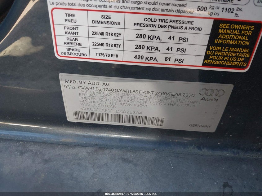 2013 Audi A3 VIN WAUMFAFM9DA026304 IAAI salvage auction — RIGHT FRONT, Salvage (California), sold $1,700 on 2026-09-26 (photo 9)