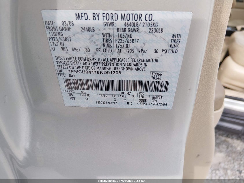 2008 Ford Escape VIN 1FMCU94118KD91308 IAAI salvage auction — NORMAL WEAR, Original (Kentucky), sold $675 on 2026-09-07 (photo 9)