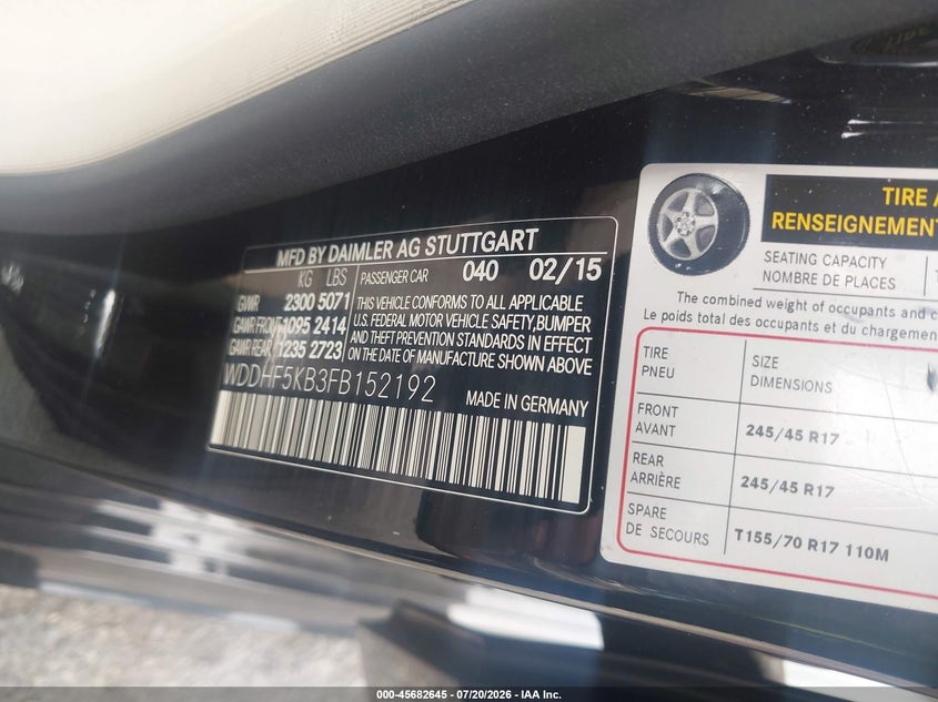 2015 Mercedes-benz E-klasse VIN WDDHF5KB3FB152192 IAAI salvage auction — RIGHT FRONT, Salvage (California), sold $4,300 on 2026-08-01 (photo 9)