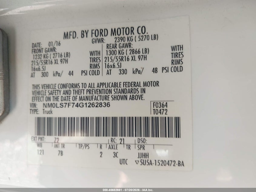 2016 Ford Transit VIN NM0LS7F74G1262836 IAAI salvage auction — NORMAL WEAR, Clear (New Jersey), sold $25 on 2026-07-29 (photo 9)
