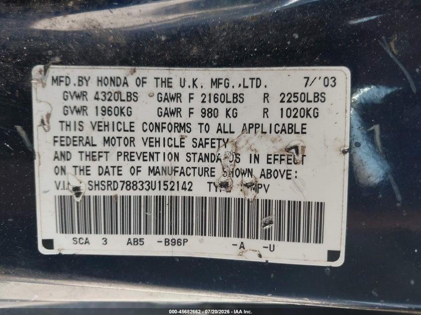 2003 Honda Cr-v VIN SHSRD78833U152142 IAAI salvage auction — NORMAL WEAR, Clear (Massachusetts), sold $25 on 2026-07-28 (photo 9)