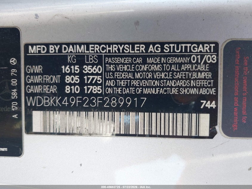 2003 Mercedes-benz Slk-class VIN WDBKK49F23F289917 IAAI salvage auction — MECHANICAL, Clear - Dealer Only (California), sold $200 on 2026-07-28 (photo 9)