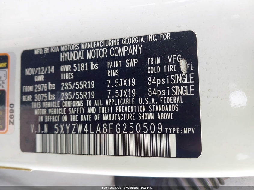 2015 Hyundai Santa fe VIN 5XYZW4LA8FG250509 IAAI salvage auction — NORMAL WEAR, Clear-Dealer Only (North Carolina), sold $25 on 2026-07-27 (photo 9)