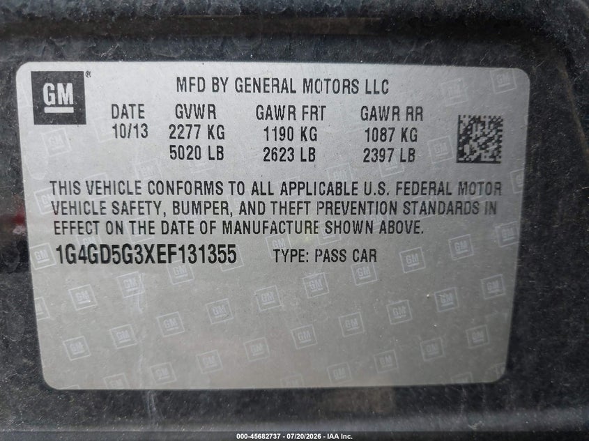 2014 Buick Lacrosse VIN 1G4GD5G3XEF131355 IAAI salvage auction — LEFT & RIGHT, Salvage Title, sold $1,250 on 2026-09-14 (photo 9)