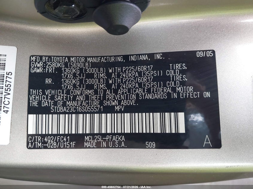 2006 Toyota Sienna VIN 5TDBA23C16S055571 IAAI salvage auction — NORMAL WEAR, Clear (Virginia), sold $100 on 2026-07-28 (photo 9)