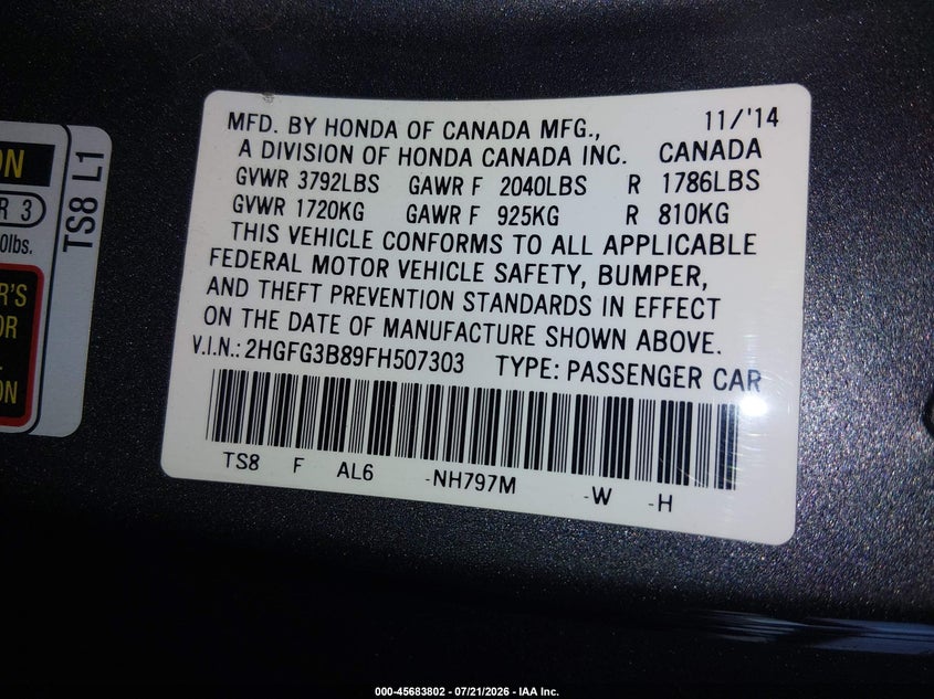 2015 Honda Civic VIN 2HGFG3B89FH507303 IAAI salvage auction — FRONT END, Wait Title, sold $1,900 on 2026-08-02 (photo 9)
