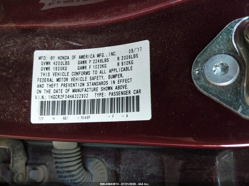 2017 Honda Accord VIN 1HGCR2F34HA302902 IAAI salvage auction — FRONT & REAR, Salvage Title, sold $2,800 on 2026-07-31 (photo 9)