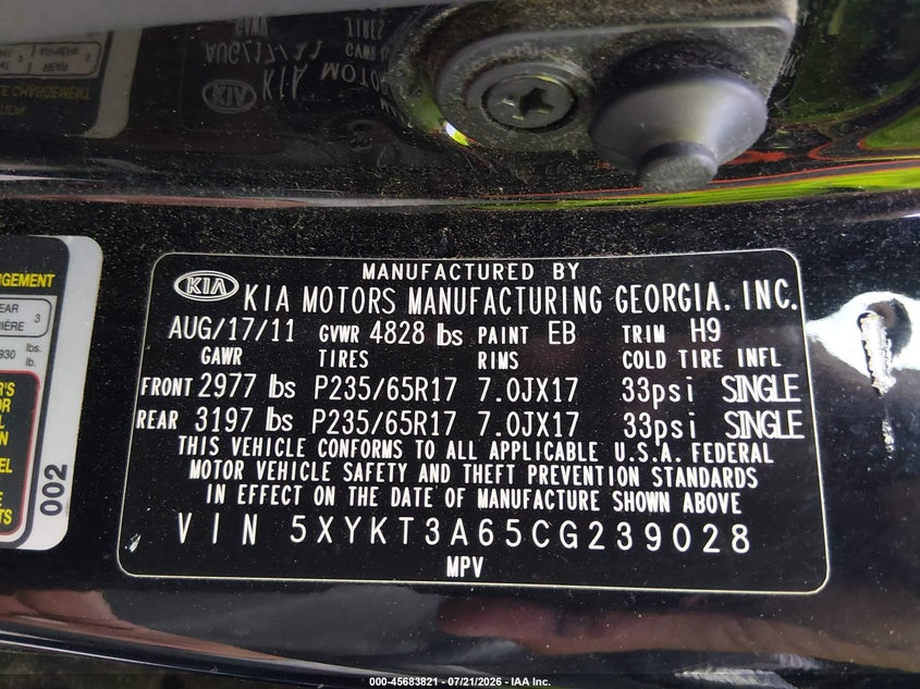 2012 Kia Sorento VIN 5XYKT3A65CG239028 IAAI salvage auction — NORMAL WEAR, Clear (New Mexico), sold $25 on 2026-07-29 (photo 9)