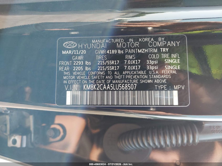 2020 Hyundai Kona VIN KM8K2CAA5LU568507 IAAI salvage auction — NORMAL WEAR, Salvage Title, sold $25 on 2026-07-27 (photo 9)