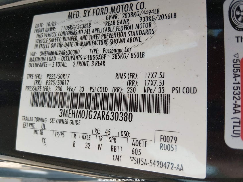 2010 Mercury Milan VIN 3MEHM0JG2AR630380 IAAI salvage auction — NORMAL WEAR, Clear (Kansas), sold $175 on 2026-07-30 (photo 9)