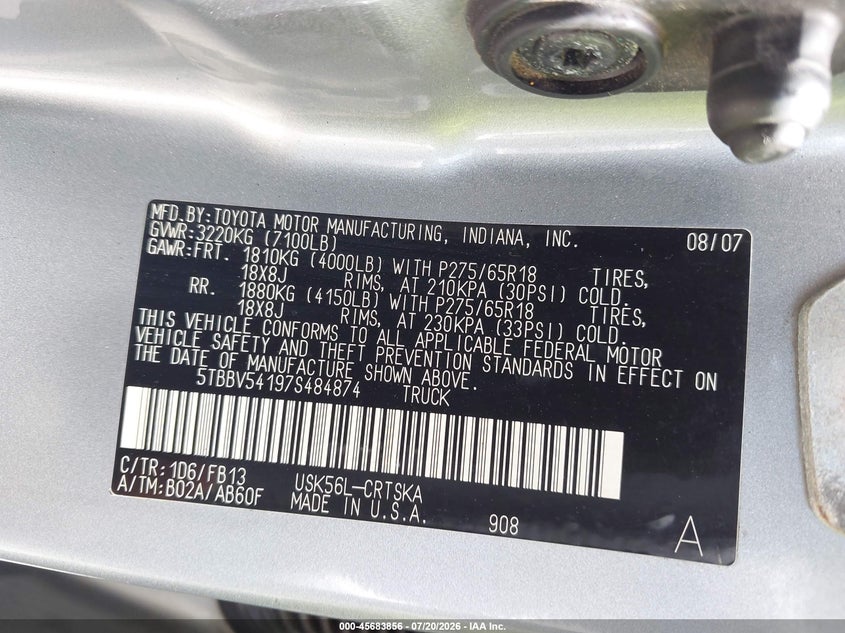 2007 Toyota Tundra VIN 5TBBV54197S484874 IAAI salvage auction — NORMAL WEAR, Clear (Oregon), sold $1,800 on 2026-07-29 (photo 9)