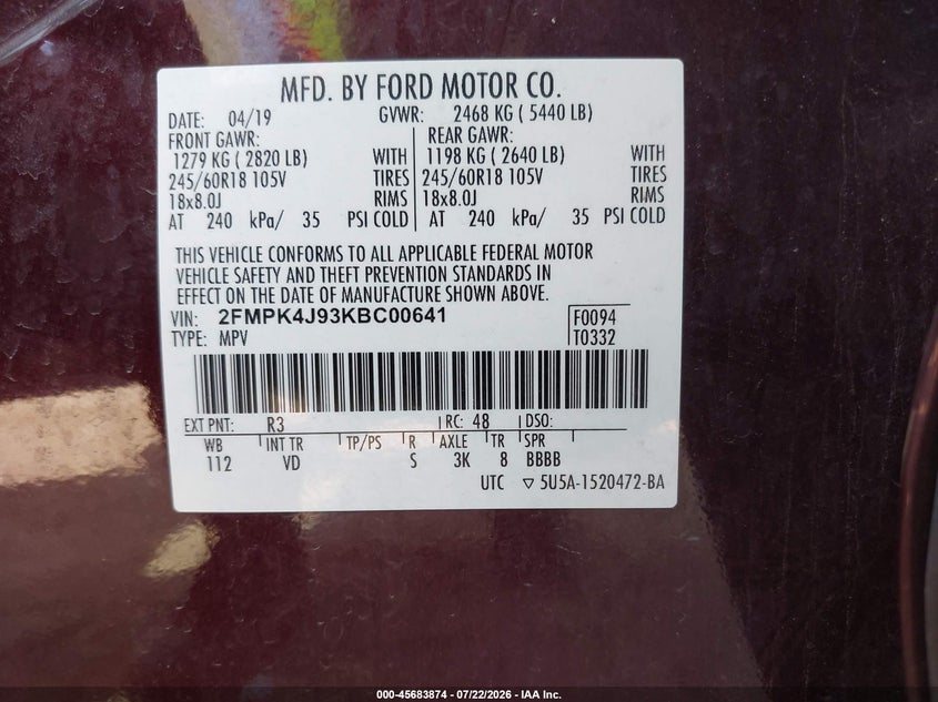 2019 Ford Edge VIN 2FMPK4J93KBC00641 IAAI salvage auction — FRONT END, Salvage Title, sold $2,900 on 2026-08-24 (photo 9)