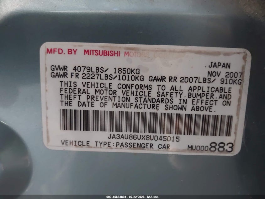 2008 Mitsubishi Lancer VIN JA3AU86UX8U045015 IAAI salvage auction — FRONT END, Clear (Georgia), sold $25 on 2026-07-28 (photo 9)
