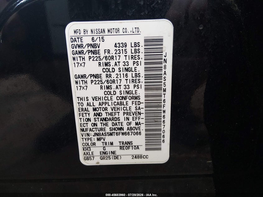 2015 Nissan Rogue VIN JN8AS5MT6FW667066 IAAI salvage auction — NORMAL WEAR, Clear (Virginia), sold $25 on 2026-07-28 (photo 9)