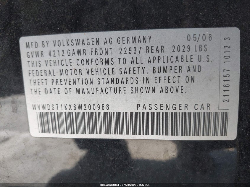 2006 Volkswagen Rabbit VIN WVWDS71KX6W200958 IAAI salvage auction — FRONT END, Salvage (California), sold $625 on 2026-08-09 (photo 9)