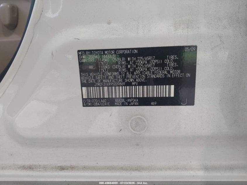 2009 Toyota Rav4 VIN JTMZF31VX95009869 IAAI salvage auction — NORMAL WEAR, Clear (Georgia), sold $3,300 on 2026-07-31 (photo 9)