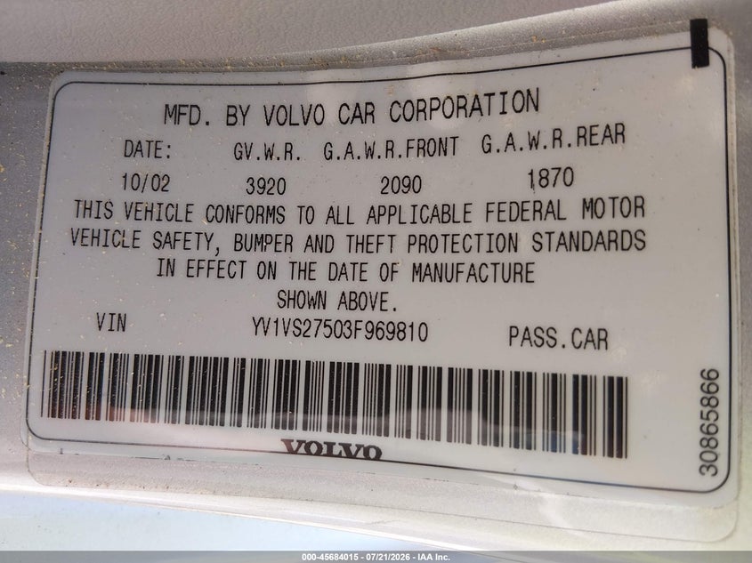 2003 Volvo S40 VIN YV1VS27503F969810 IAAI salvage auction — NORMAL WEAR, Clear (Florida), sold $1,550 on 2026-07-28 (photo 9)