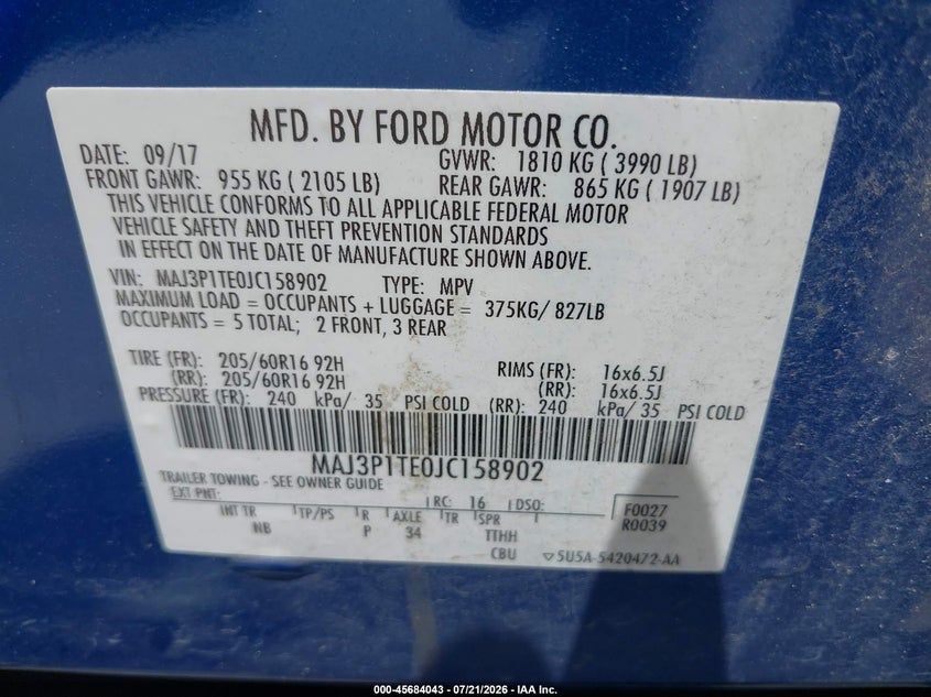 2018 Ford Ecosport VIN MAJ3P1TE0JC158902 IAAI salvage auction — NORMAL WEAR, Original (Texas), sold $25 on 2026-07-29 (photo 9)