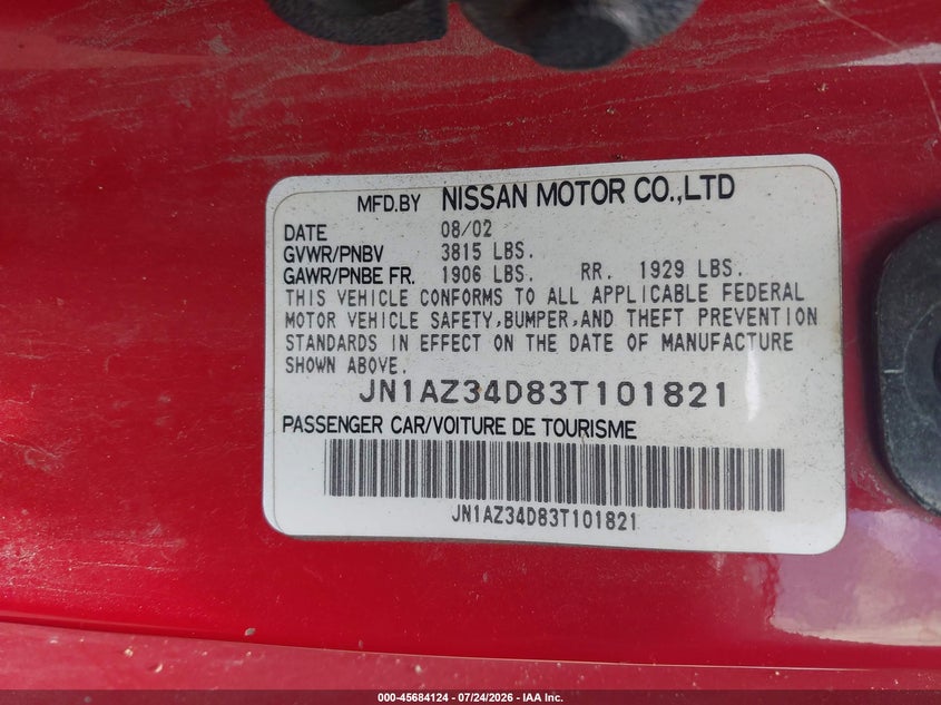 2003 Nissan 350z VIN JN1AZ34D83T101821 IAAI salvage auction — NORMAL WEAR, Clear (Tennessee), sold $275 on 2026-07-29 (photo 9)