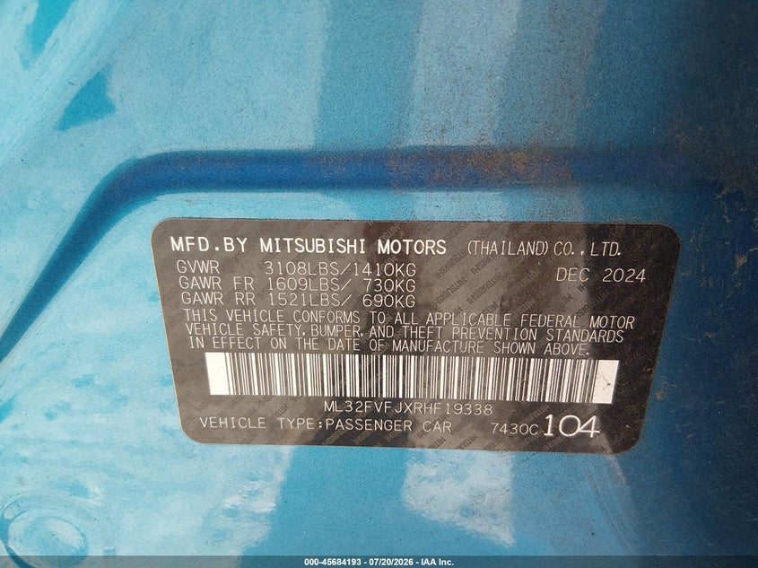 2024 Mitsubishi Mirage VIN ML32FVFJXRHF19338 IAAI salvage auction — FRONT END, Enterprise Vehicles Clear Only (Georgia), sold $1,250 on 2026-07-22 (photo 9)