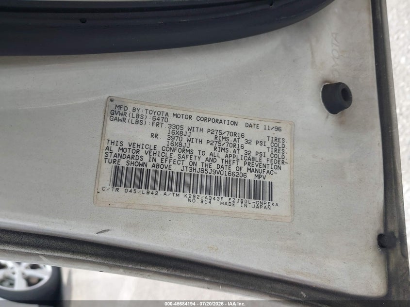 1997 Toyota Land cruiser VIN JT3HJ85J9V0166206 IAAI salvage auction — NORMAL WEAR, Clear - Dealer Only (California), sold $2,550 on 2026-07-23 (photo 9)