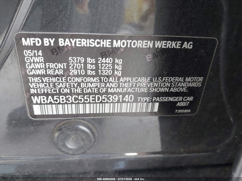 2014 BMW 5 series VIN WBA5B3C55ED539140 IAAI salvage auction — NORMAL WEAR, Clear (New York), sold $675 on 2026-07-28 (photo 9)
