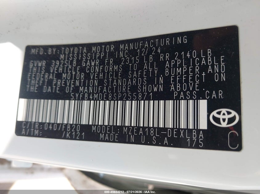 2025 Toyota Corolla VIN 5YFB4MDE8SP255871 IAAI salvage auction — LEFT SIDE, Salvage Title, sold $25 on 2026-07-30 (photo 9)