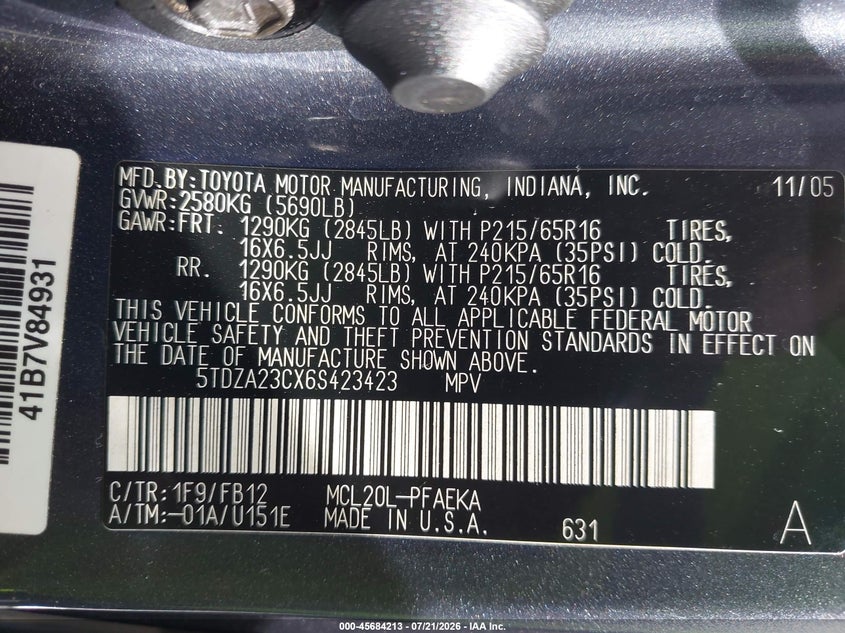 2006 Toyota Sienna VIN 5TDZA23CX6S423423 IAAI salvage auction — NORMAL WEAR, Clear (North Carolina), sold $400 on 2026-07-30 (photo 9)