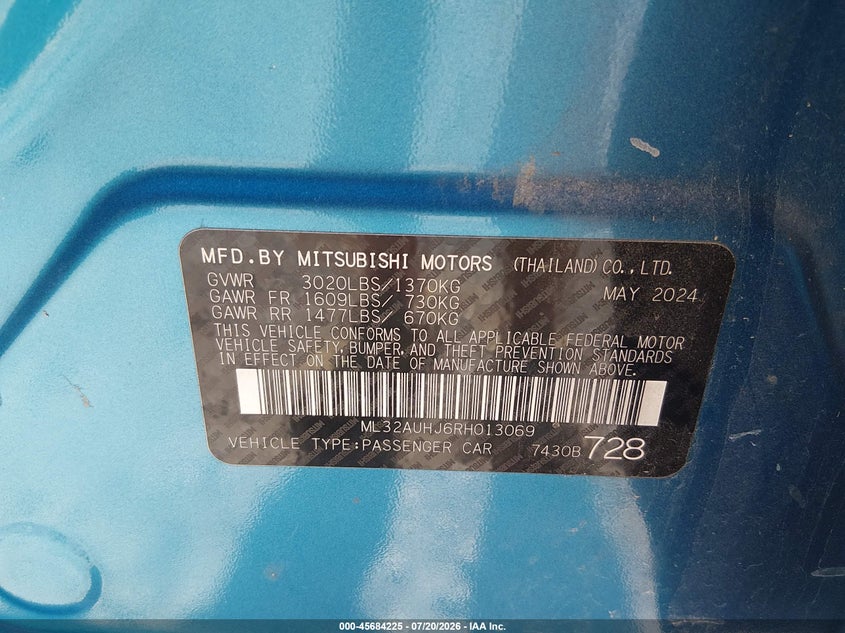 2024 Mitsubishi Mirage VIN ML32AUHJ6RH013069 IAAI salvage auction — FRONT END, Enterprise Vehicles Clear Only (Arkansas), sold $7,000 on 2026-07-22 (photo 9)