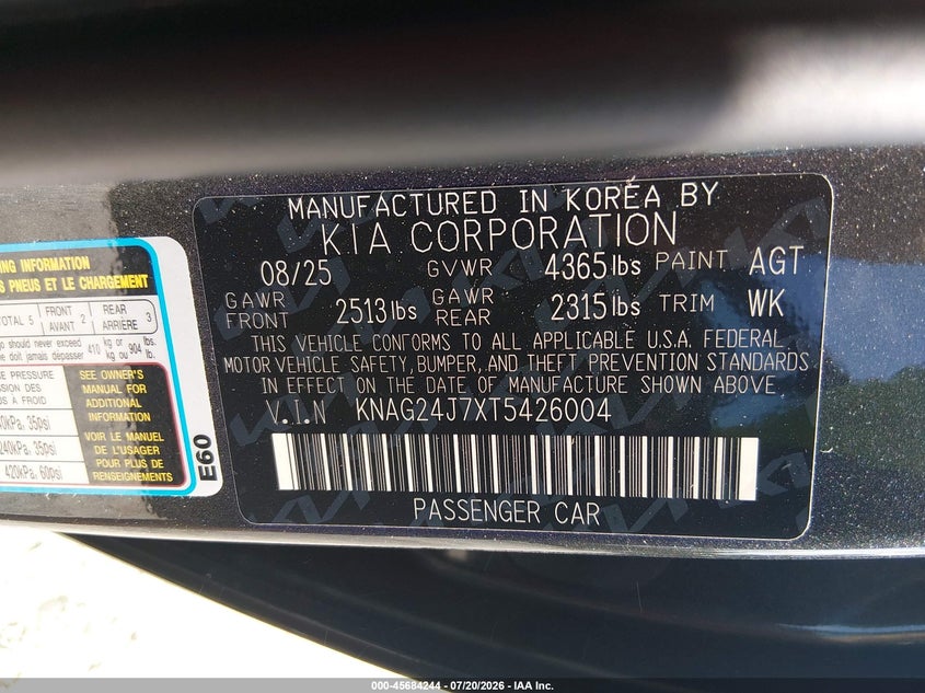 2026 Kia K5 VIN KNAG24J7XT5426004 IAAI salvage auction — FRONT END, Enterprise Vehicles Clear Only (Alabama), sold $15,500 on 2026-07-22 (photo 9)