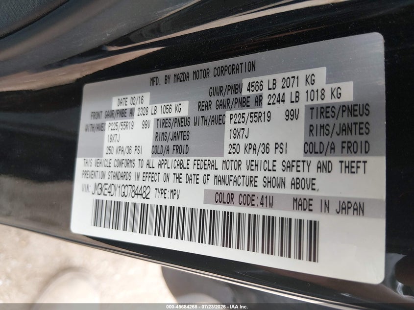 2016 Mazda Cx-5 VIN JM3KE4DY1G0784482 IAAI salvage auction — LEFT FRONT, Salvage Title, sold $2,000 on 2026-09-26 (photo 9)