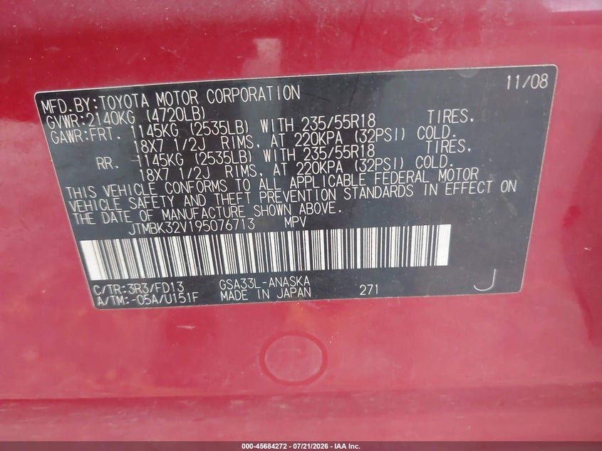 2009 Toyota Rav4 VIN JTMBK32V195076713 IAAI salvage auction — NORMAL WEAR, Clear (Georgia), sold $725 on 2026-07-29 (photo 9)
