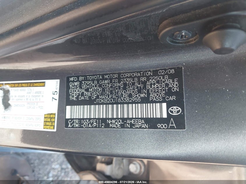 2008 Toyota Prius VIN JTDKB20U183382955 IAAI salvage auction — NORMAL WEAR, Clear (Florida), sold $25 on 2026-07-28 (photo 9)