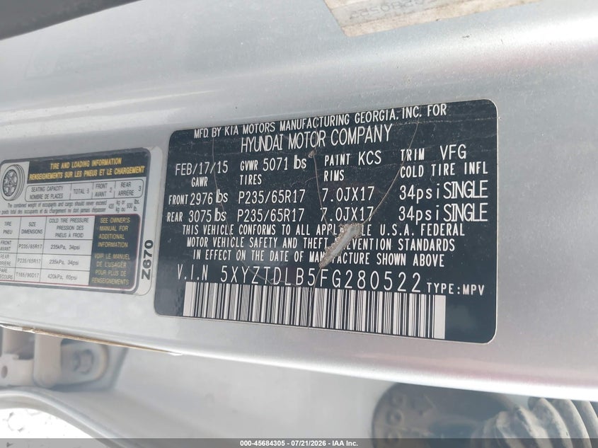 2015 Hyundai Santa fe VIN 5XYZTDLB5FG280522 IAAI salvage auction — NORMAL WEAR, Salvage Title, sold $1,250 on 2026-08-01 (photo 9)