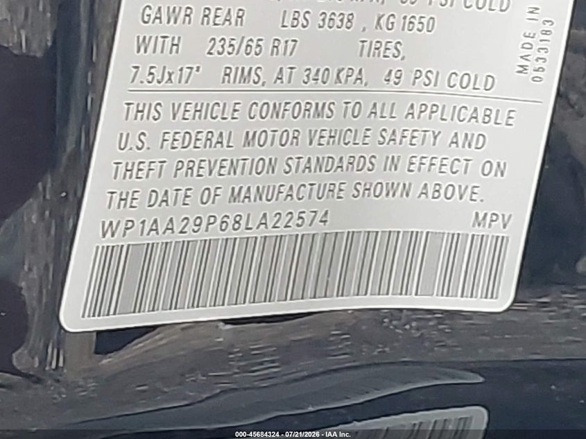 2008 Porsche Cayenne VIN WP1AA29P68LA22574 IAAI salvage auction — REAR END, Mv-907A (New York), sold $1,150 on 2026-08-05 (photo 9)