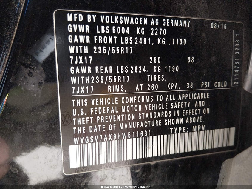 2017 Volkswagen Tiguan VIN WVGSV7AX9HW511631 IAAI salvage auction — FRONT END, Bill Of Sale (Washington), sold $1,150 on 2026-08-13 (photo 9)