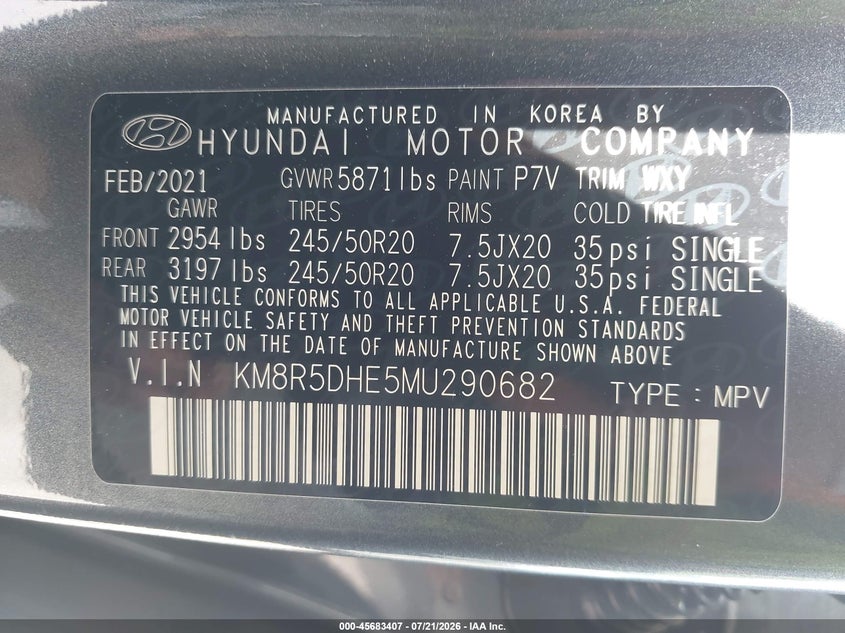 2021 Hyundai Palisade VIN KM8R5DHE5MU290682 IAAI salvage auction — LEFT FRONT, Salvage (North Carolina), sold $8,075 on 2026-08-29 (photo 9)