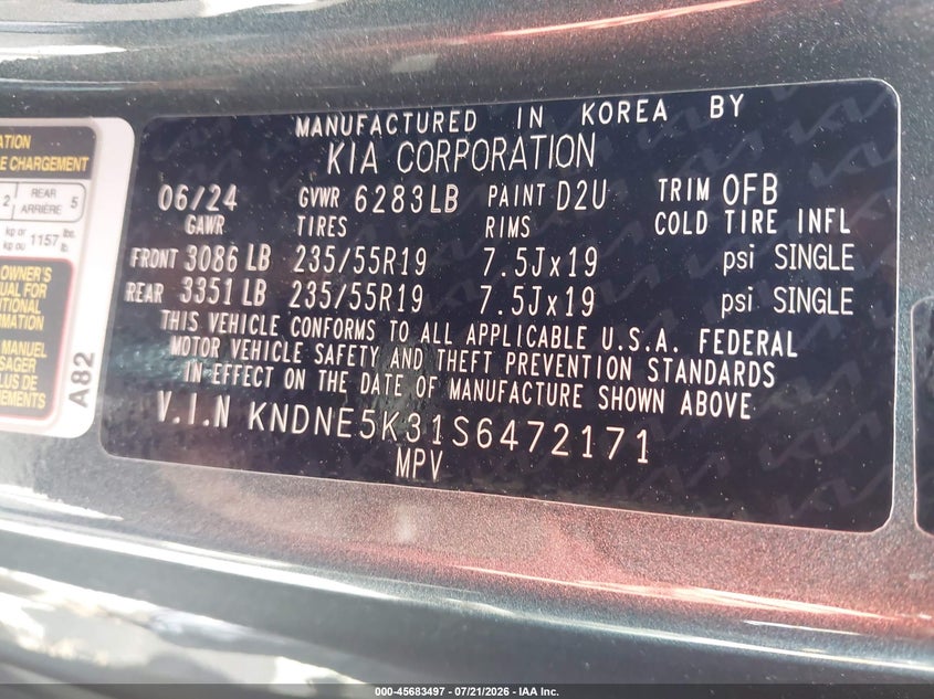 2025 Kia Carnival VIN KNDNE5K31S6472171 IAAI salvage auction — REAR END, Salvage Title, sold $13,700 on 2026-08-24 (photo 9)