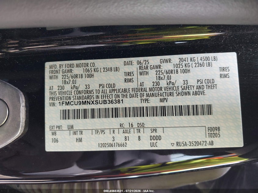 2025 Ford Escape VIN 1FMCU9MNXSUB36381 IAAI salvage auction — REAR END, Salvage Title, sold $11,100 on 2026-07-29 (photo 9)