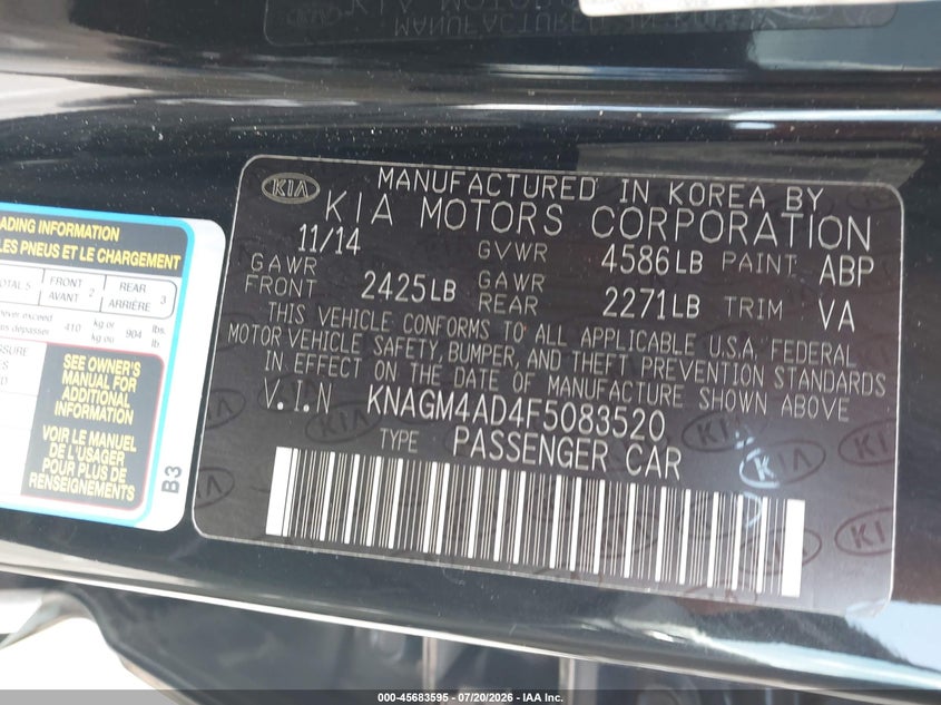 2015 Kia Optima VIN KNAGM4AD4F5083520 IAAI salvage auction — NORMAL WEAR, Clear - Dealer Only (California), sold $500 on 2026-07-30 (photo 9)
