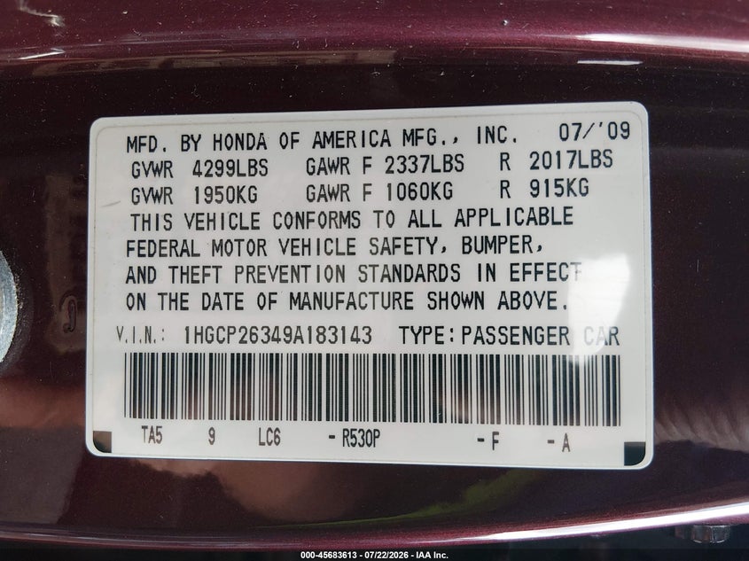 2009 Honda Accord VIN 1HGCP26349A183143 IAAI salvage auction — SIDE, Salvage - Greater Than 75% (Maryland), sold $725 on 2026-07-31 (photo 9)