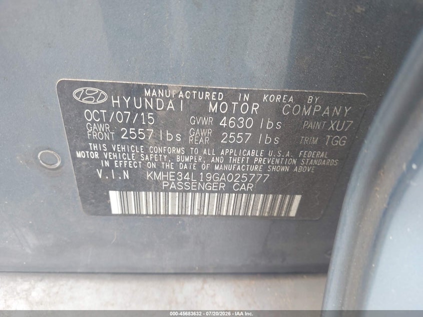 2016 Hyundai Sonata hybrid VIN KMHE34L19GA025777 IAAI salvage auction — NORMAL WEAR, Clear-Dealer Only (Washington), sold $25 on 2026-07-23 (photo 9)