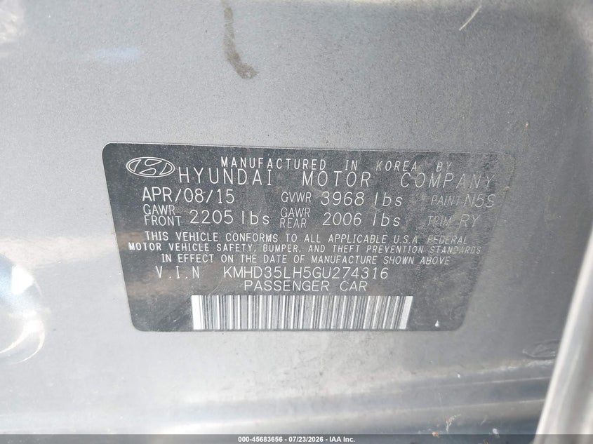 2016 Hyundai Elantra VIN KMHD35LH5GU274316 IAAI salvage auction — NORMAL WEAR, Clear (Virginia), sold $25 on 2026-07-28 (photo 9)