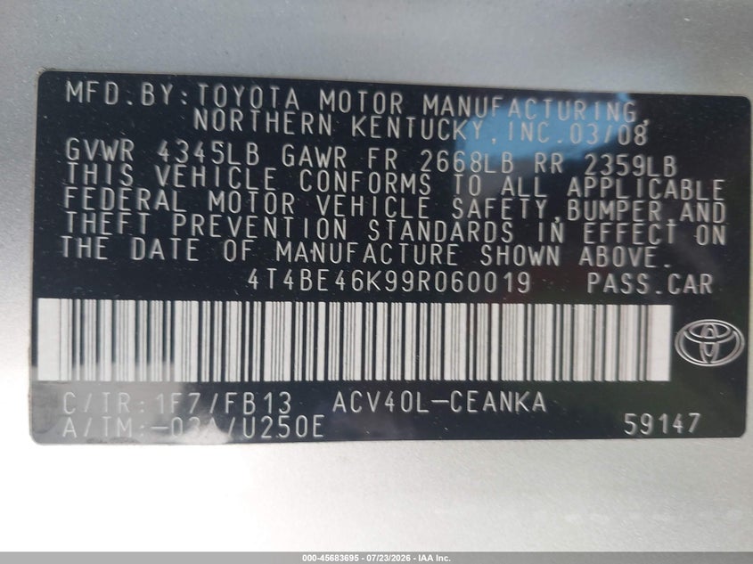 2009 Toyota Camry VIN 4T4BE46K99R060019 IAAI salvage auction — REAR END, Salvage (California), sold $875 on 2026-07-31 (photo 9)